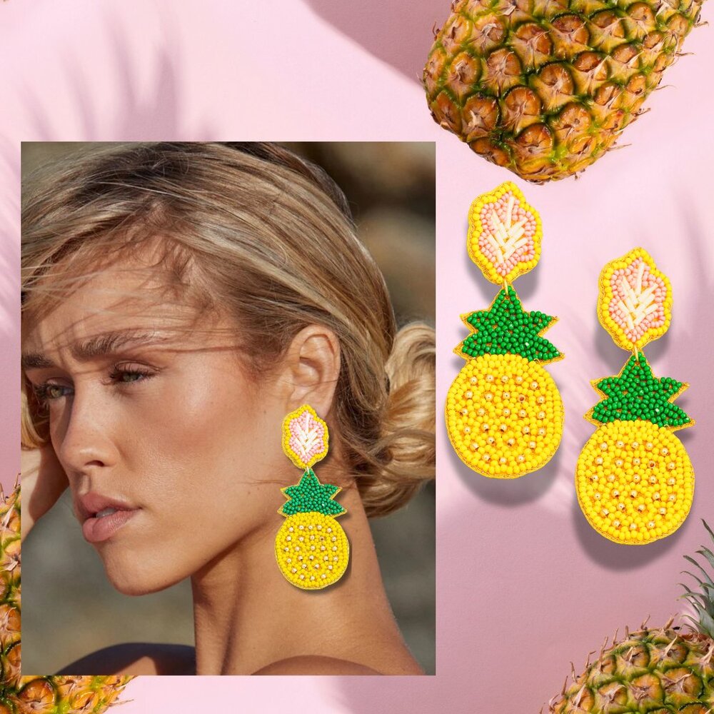 Hawaii Summer Pineapple Hibiscus Flower Yellow Beaded Statement Earrings NEW